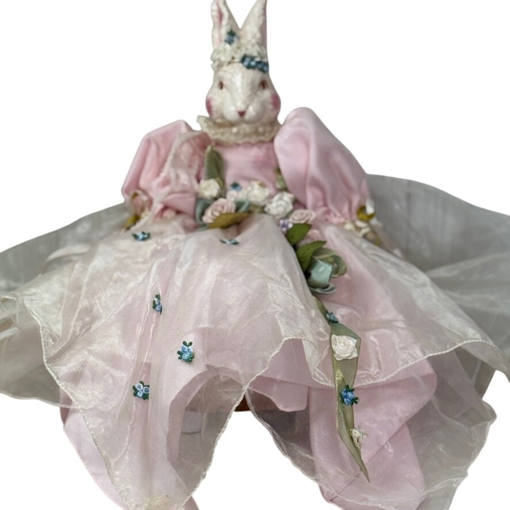Dept 56 Easter Bunny Rabbit Doll Pink Satin Victorian Dress Floral Lace 18"